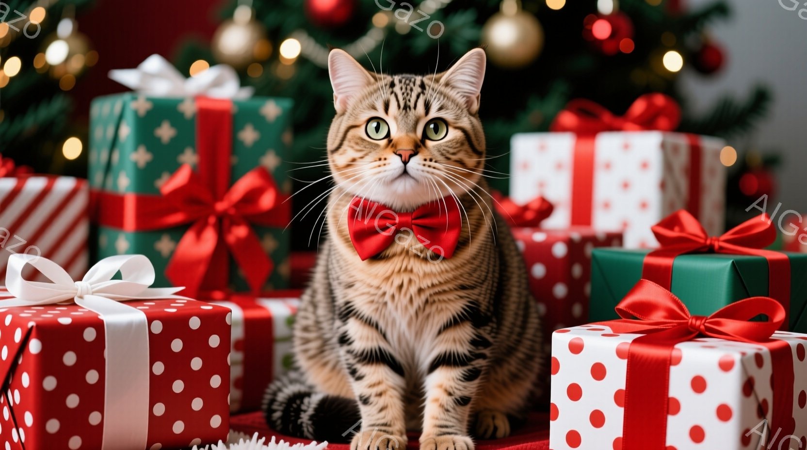 茶色と黒の縞模様の猫が、赤い蝶ネクタイを付けて正面を見つめています。猫はプレゼントの山の中に座っており、背景にはクリスマスツリーとキラキラ光る飾りが見えます。全体的に、暖かくお祝いの雰囲気で、クリスマ - AI生成フリー素材