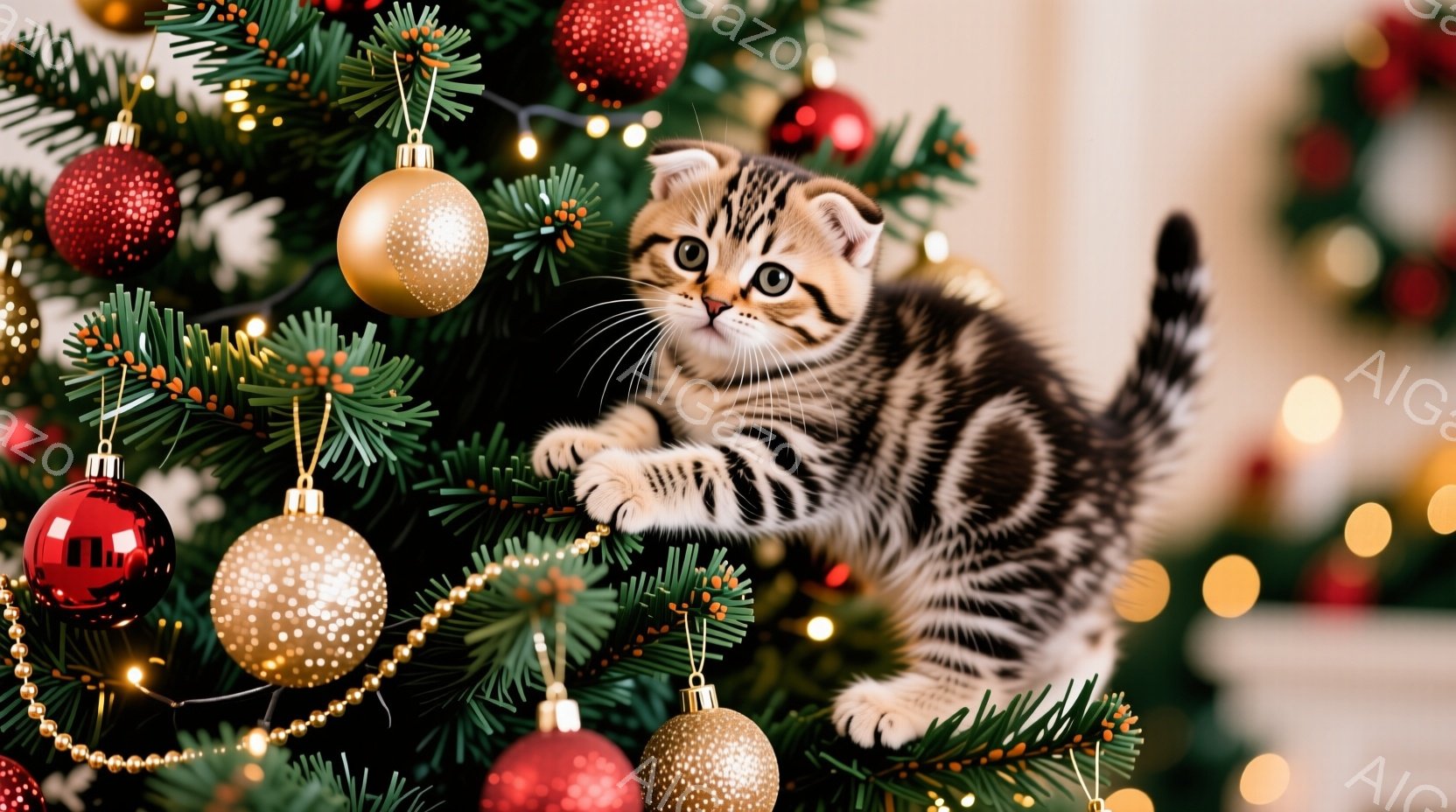 縞模様の小さな子猫がクリスマスツリーによじ登ろうとしています。ツリーは赤や金色のオーナメントで飾られ、背景はぼやけて暖かく、お祝いの雰囲気です。子猫は遊び心にあふれた表情で、好奇心旺盛にツリーに注目し - AI生成フリー素材