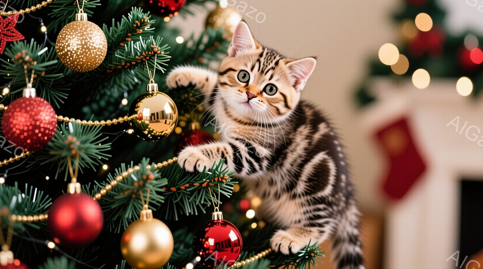 クリスマスツリーによじ登っている子猫が写っています。縞模様の毛並みで、好奇心と遊び心にあふれた表情で、前足でツリーの枝についた赤いオーナメントに手を伸ばしています。背景にはぼやけたクリスマスソックスが - AI生成フリー素材