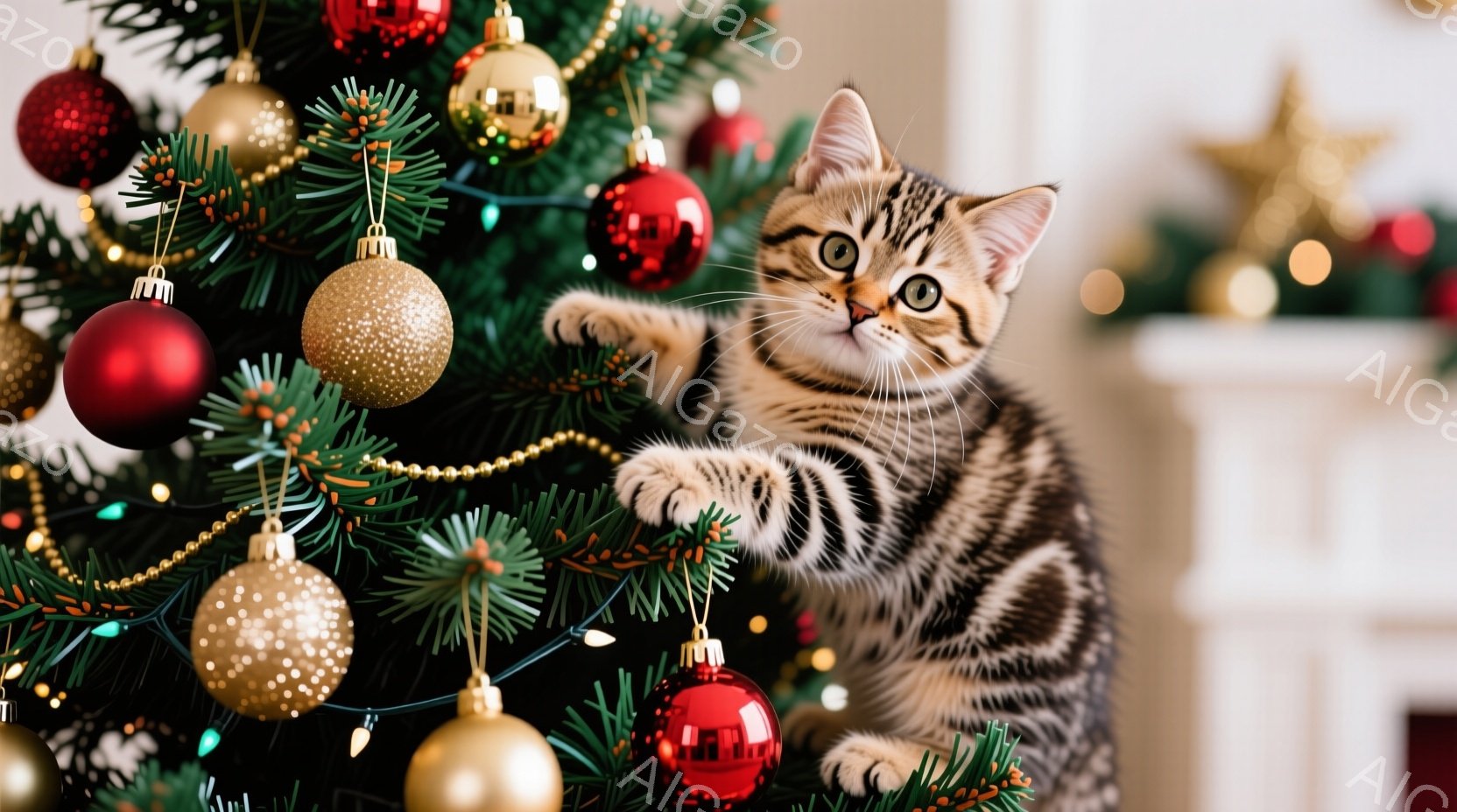 縞模様の小さな子猫がクリスマスツリーによじ登っている様子が写っています。子猫は前足を伸ばし、遊び心いっぱいの表情で赤いオーナメントに手を伸ばしています。背景には飾り付けられたツリーとぼんやりとした暖炉 - AI生成フリー素材