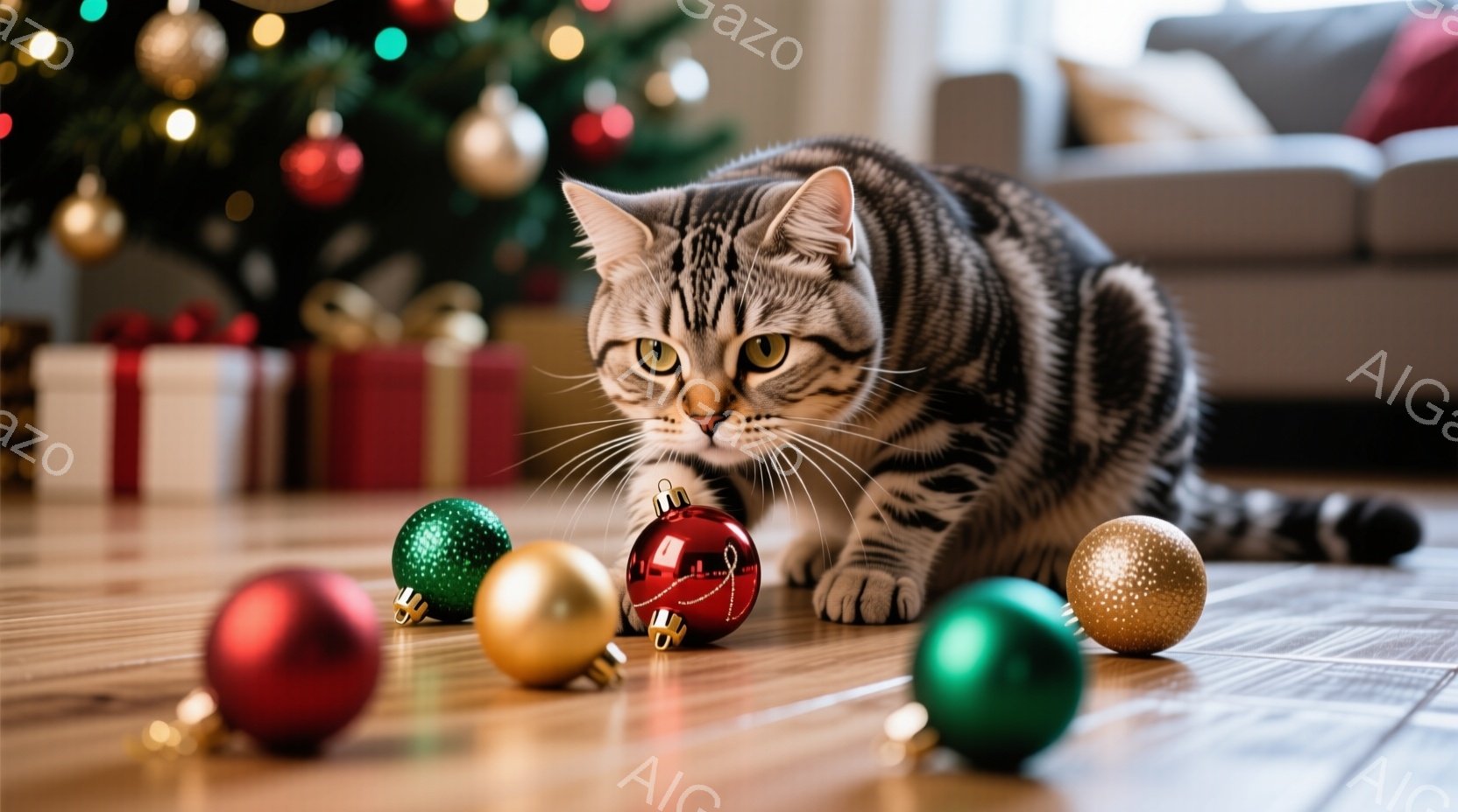 縞模様の猫がクリスマスツリーの周りの床に座り、輝くオーナメントに注目しています。猫は前足を伸ばし、好奇心と遊び心のある表情でオーナメントを見つめています。背景にはクリスマスツリーとプレゼントが飾られ、 - AI生成フリー素材