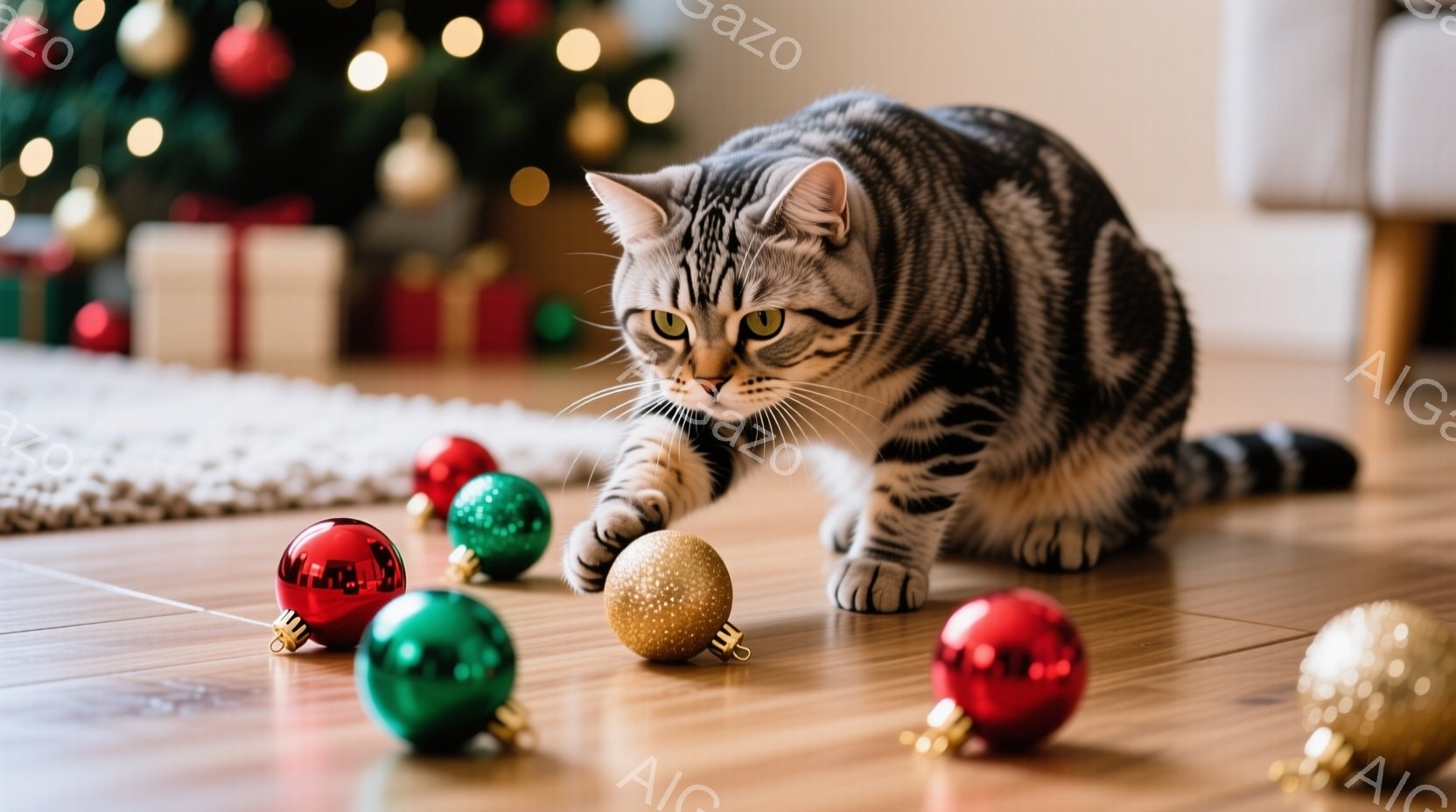 灰色の縞模様の猫が、床に散らばったクリスマスオーナメント（赤い、緑、金色のボール）の周りに身をかがめています。猫は前足を伸ばし、遊び心のある表情でボールを見つめており、クリスマスの背景にはぼやけたクリ - AI生成フリー素材