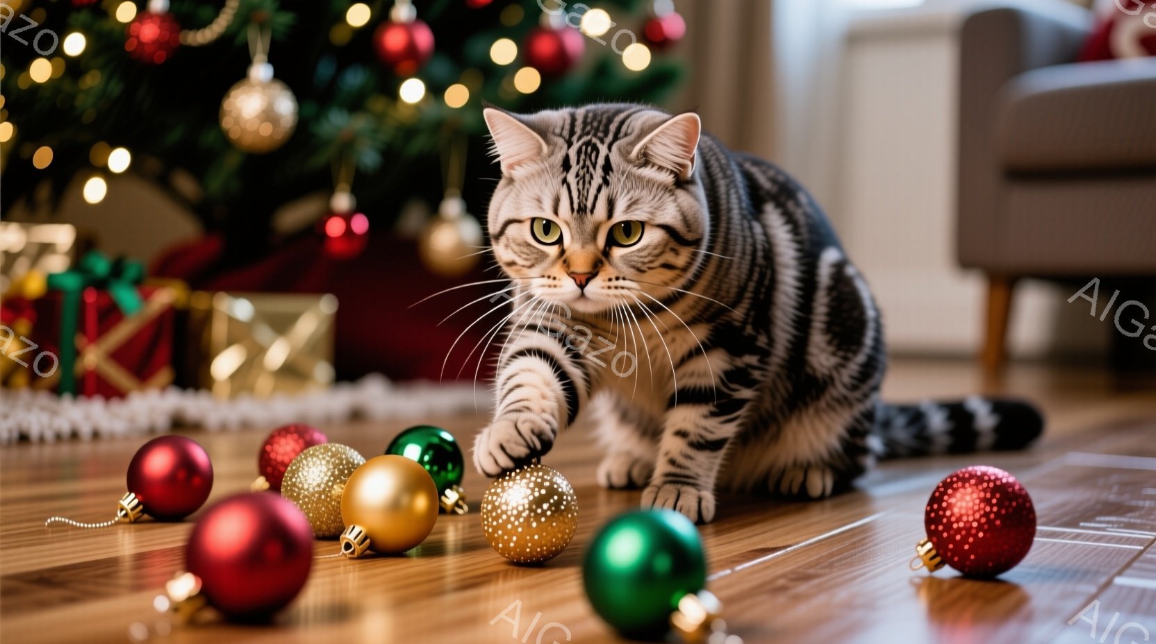 縞模様の猫が木の床の上で、クリスマスオーナメントに囲まれて遊んでいます。猫は前足を伸ばし、緑色のオーナメントに軽く触れようとしており、鋭い眼差しでその動きを追っています。背景には、クリスマスツリーのぼ - AI生成フリー素材