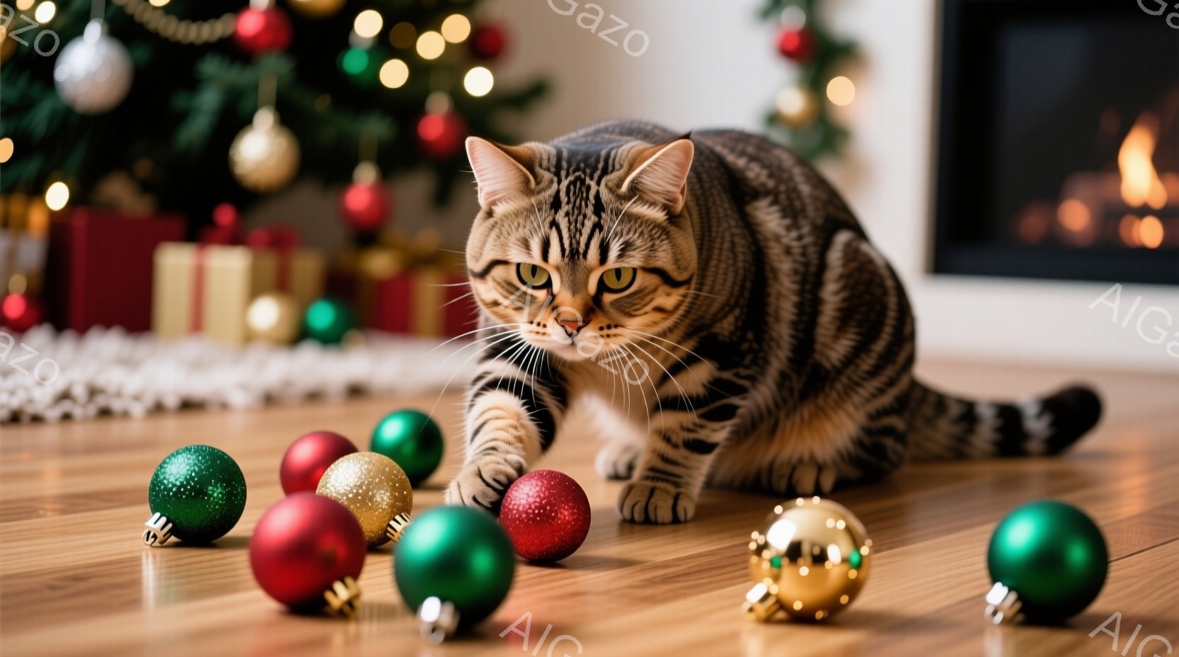 白と茶色の縞模様の猫が、クリスマスのオーナメントに囲まれた木の床にうずくまっています。猫は前足を伸ばし、おもちゃのオーナメントに軽く触れようとしており、その表情は遊び心と好奇心に満ちています。背景には - AI生成フリー素材