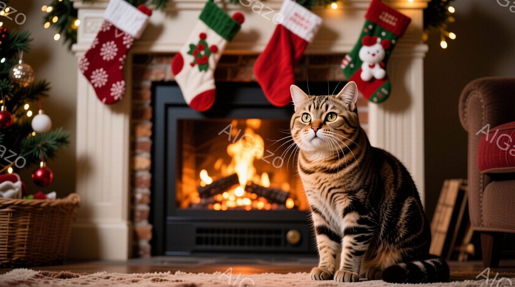白いギフトボックスから顔を覗かせているトラ柄の猫が写っています。猫は少し驚いたような表情で、金色の瞳が光っています。背景には赤いテーブルクロスと、ぼやけたクリスマスツリーの飾りが見え、華やかで温かい雰囲気を醸し出しています。