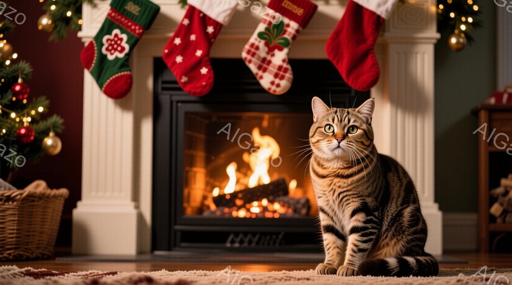暖炉の前に座っている縞模様の猫が写っています。猫は前足を揃えて座り、正面をまっすぐ見ています。背景には、クリスマスツリーや飾り付けられた暖炉、赤いクリスマスソックスが見え、温かく居心地の良いクリスマス - AI生成フリー素材
