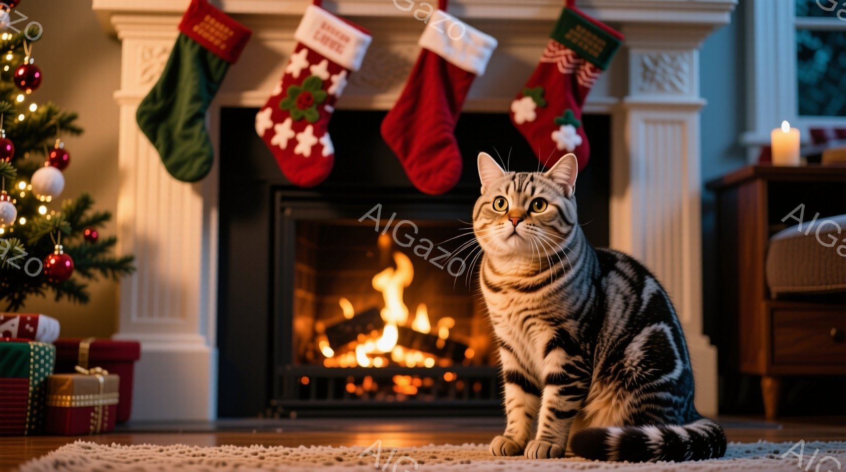 クリスマスシーズンを思わせる暖炉の前で、縞模様の猫が座ってこちらを見つめています。暖炉には火が灯っており、その周りにはクリスマスストッキングとプレゼントが置かれ、部屋全体が温かい光に包まれています。白 - AI生成フリー素材