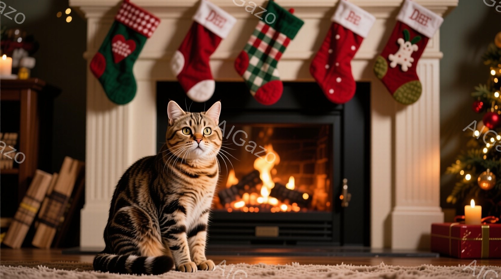 茶色と黒の縞模様の猫が、クリーム色の柔らかいベッドに丸まって横たわっています。猫はリラックスした表情で、カメラの方を見ています。背景には、ぼやけたクリスマスツリーと、カラフルな電飾が散りばめられており - AI生成フリー素材