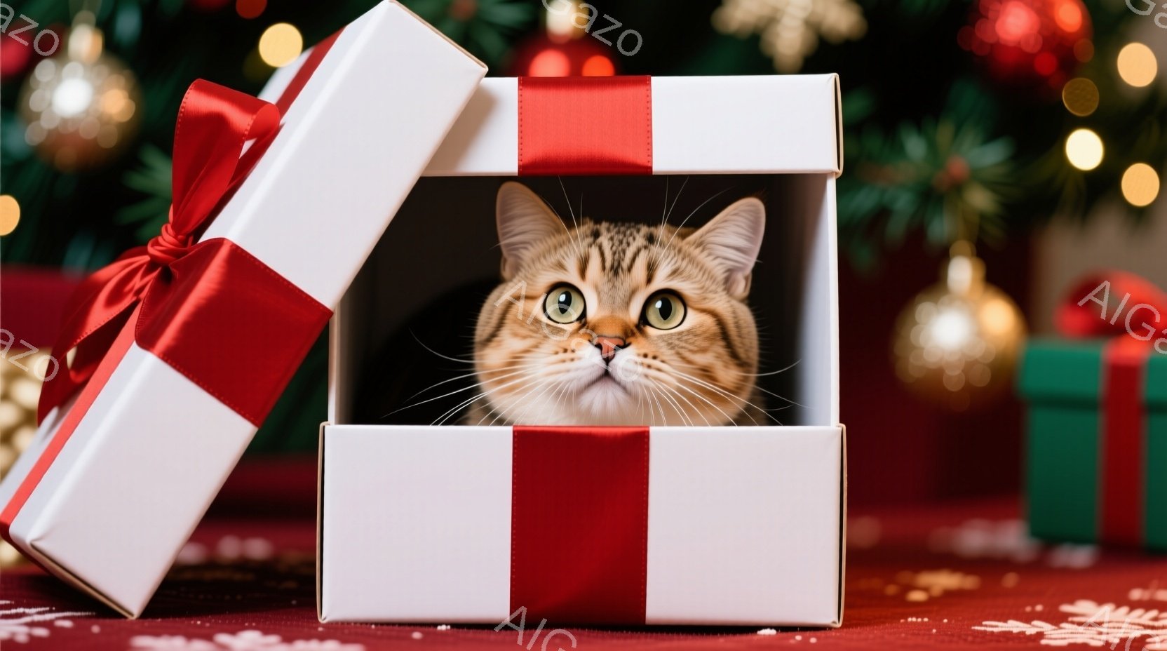 茶色の縞模様の猫が、赤いリボンで結ばれた白いギフトボックスから顔を出しています。猫は好奇心旺盛な表情でカメラを見つめており、リラックスした様子が伺えます。背景には、クリスマスツリーや装飾がぼやけており - AI生成フリー素材