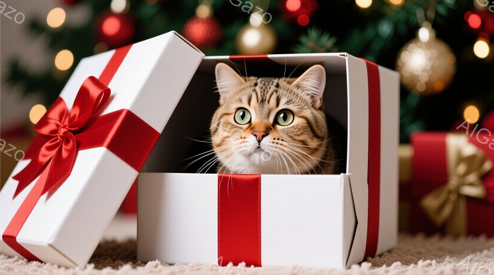 白い箱の中に、縞模様の猫が頭を出している。猫は緑色の目をしており、少しいたずらっぽい表情でこちらを見ている。背景にはクリスマスツリーのぼやけた光があり、赤いリボンで飾られた他のプレゼントボックスがいく - AI生成フリー素材