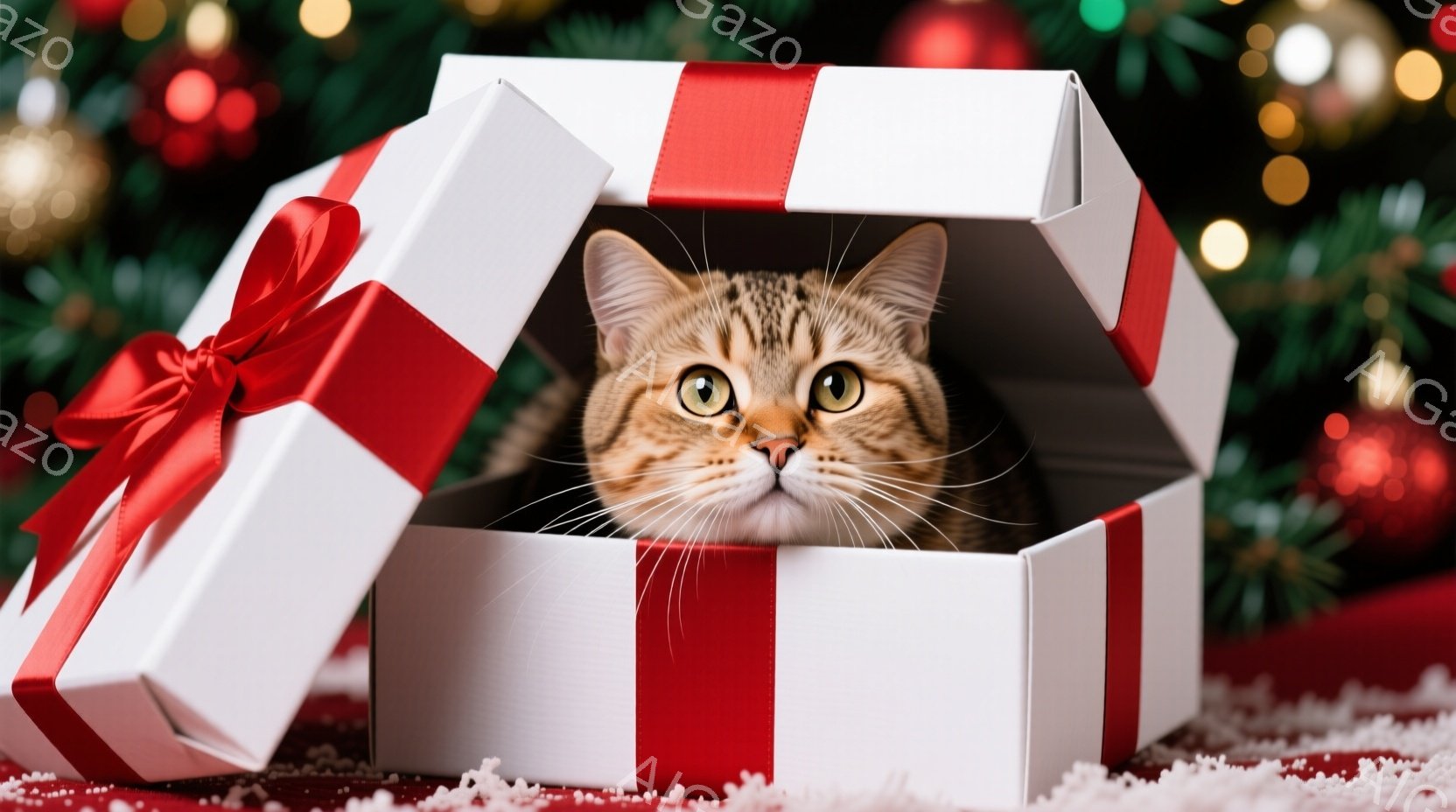 白いギフトボックスに縞模様の猫が顔を覗かせています。猫は好奇心に満ちた表情で、少しだけ舌を出し、その目は明るく輝いています。背景には、ぼやけたクリスマスツリーとキラキラと光る装飾が施された祝祭的な雰囲 - AI生成フリー素材
