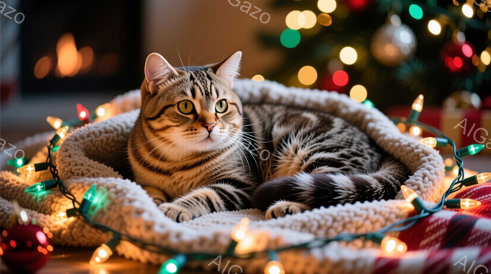 縞模様の猫が、白いフワフワとしたベッドに丸まってリラックスして横たわっています。猫は緑色の目を輝かせ、穏やかな表情をしています。背景には、ぼやけたクリスマスツリーと光る電飾があり、暖かく、居心地の良い - AI生成フリー素材