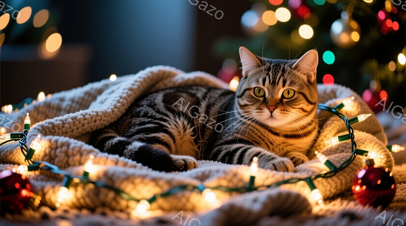 茶色の縞模様の猫が、オフホワイトのざっくりとした編み物のブランケットに体を横たえてリラックスしています。その周りにはカラフルなクリスマスライトが飾られ、背景にはぼやけたクリスマスツリーとオーナメントが - AI生成フリー素材