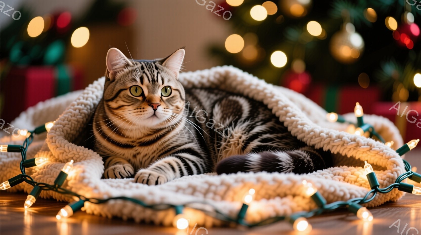 縞模様の猫が、白いふわふわの毛布とキラキラ光るクリスマスライトに包まれてリラックスして横たわっています。猫は正面を見ており、落ち着いた表情をしています。背景には、ぼやけたクリスマスツリーとプレゼントが - AI生成フリー素材