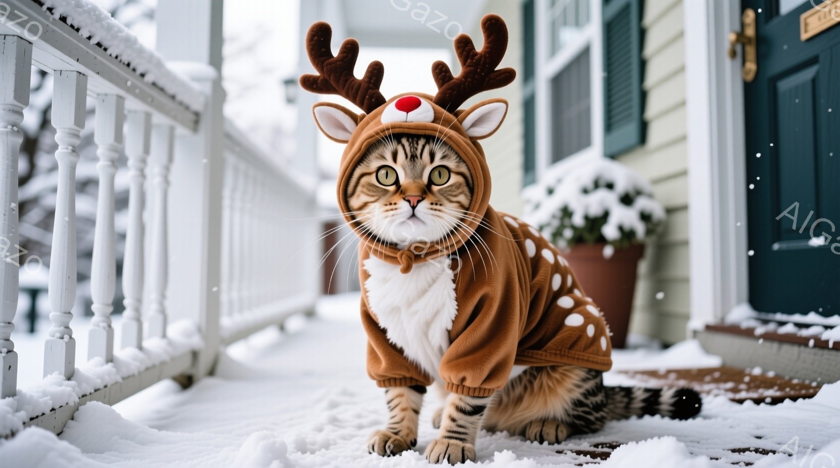 雪が降る家の外で、シマウマ模様の猫がトナカイのコスチュームを着ています。猫は前足を揃えて座っており、少し驚いたような表情でカメラを見ています。背景には雪で覆われた木や家の外観が見え、冬の暖かい雰囲気を - AI生成フリー素材