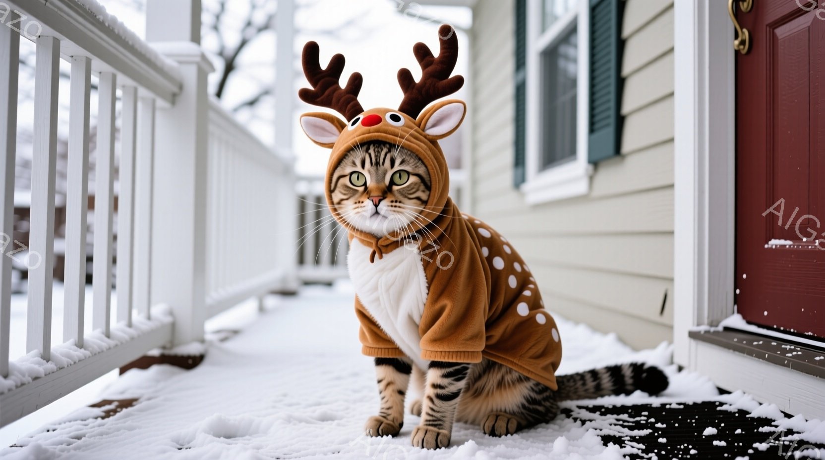 縞模様の猫が、トナカイのコスチュームを着て雪の上に座っています。コスチュームはオレンジ色で、白い斑点と角が付いています。背景には木製のベランダ、雪に覆われた庭、そして曇り空が見え、冬の静かで可愛らしい - AI生成フリー素材