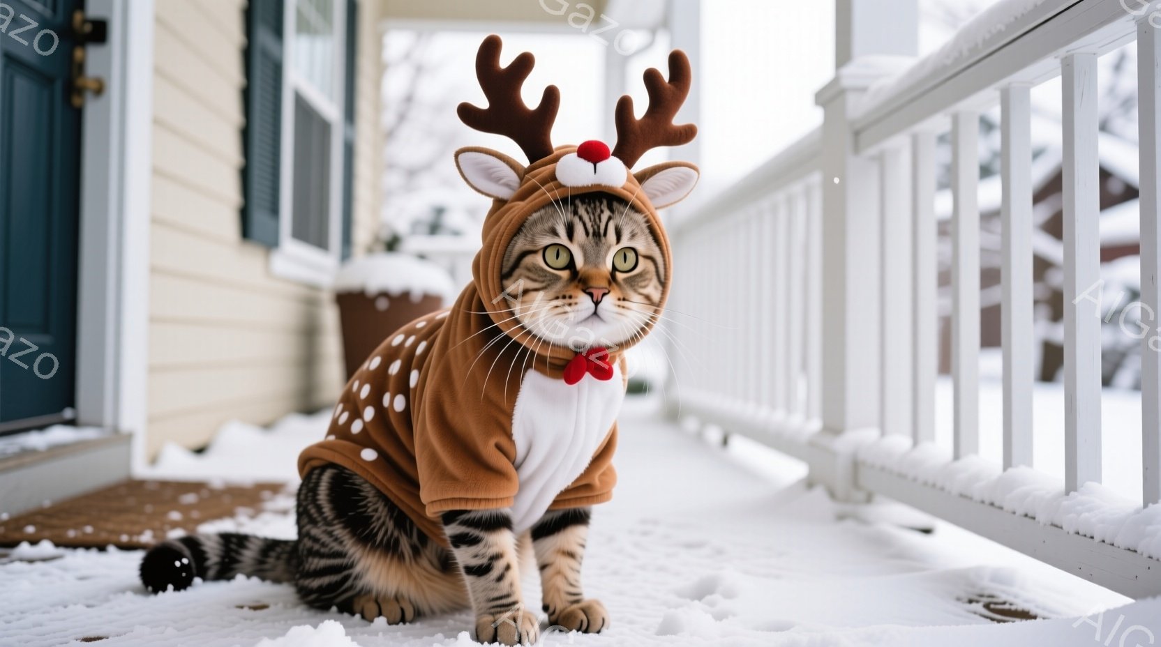縞模様の猫が、トナカイのコスチュームを着て雪の上に座っています。茶色の服には白い斑点があり、小さな赤い蝶ネクタイが付いています。背景には白い柵と、雪で覆われた家の外観が見え、冬の静かで遊び心のある雰囲 - AI生成フリー素材