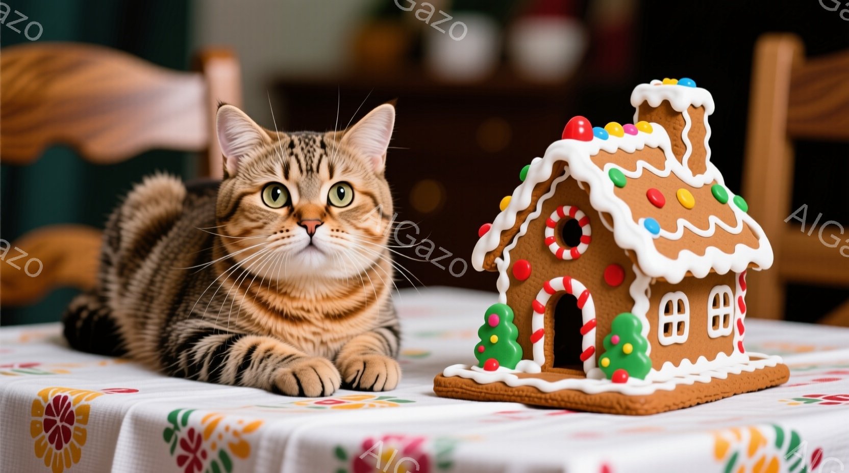 縞模様の猫がテーブルの上に横たわり、リラックスした表情で正面を見つめている。隣には、カラフルなアイシングとキャンディで飾られたジンジャーブレッドハウスが置かれている。テーブルクロスは花柄で、背景はぼや - AI生成フリー素材