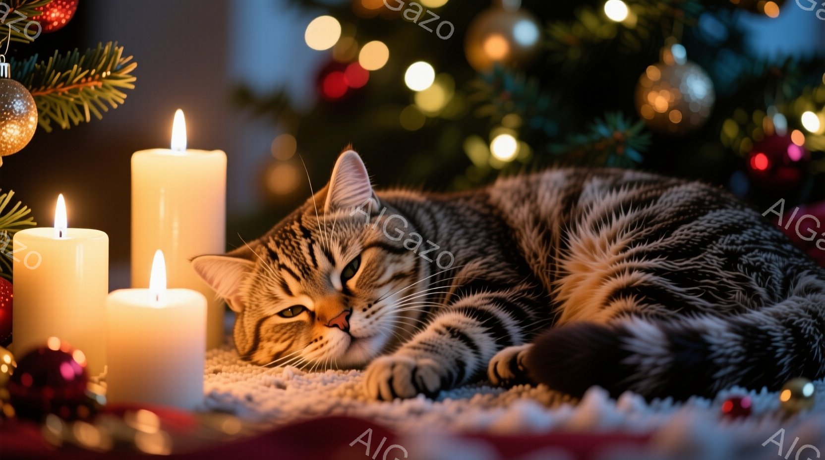 縞模様の猫が、クリスマスツリーの足元にある赤い敷物の上で丸まって眠っています。猫の周りには数本の火のついたキャンドルが置かれ、ぼんやりとした暖かい光を放っています。背景にはぼやけたクリスマスツリーの飾 - AI生成フリー素材
