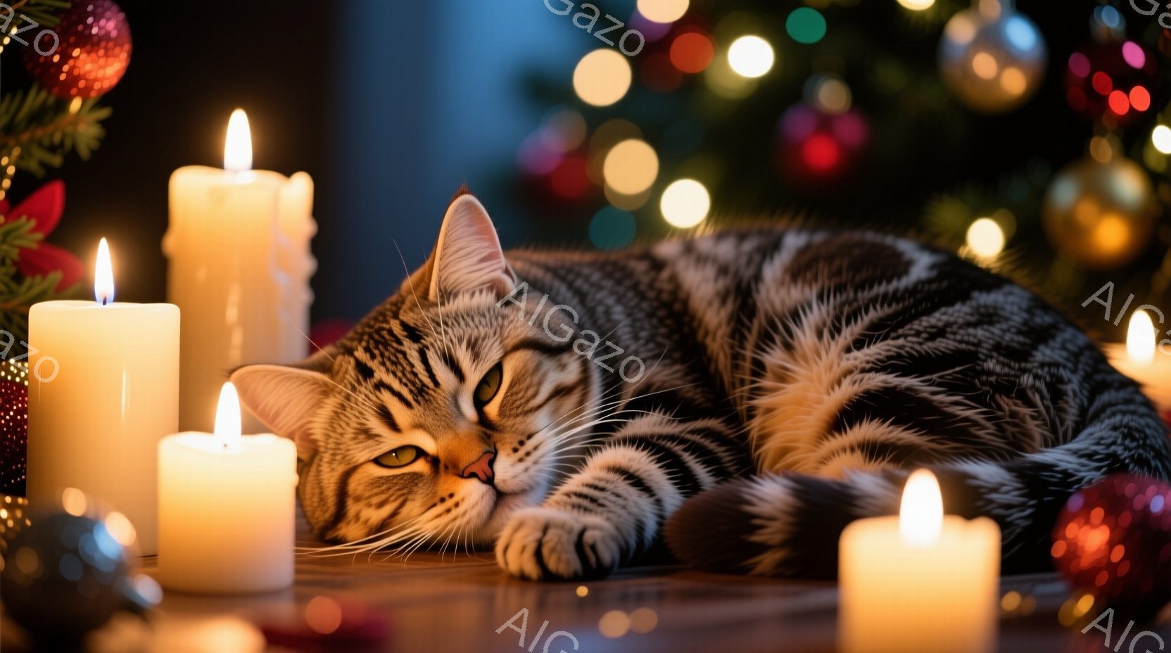 縞模様の猫が木の板の上に横たわり、目を細めてリラックスしています。周囲には点灯した白いキャンドルが置かれ、背景にはぼやけたクリスマスツリーの飾りが見えます。暖かく、穏やかな雰囲気で、猫は冬の休日の静寂 - AI生成フリー素材