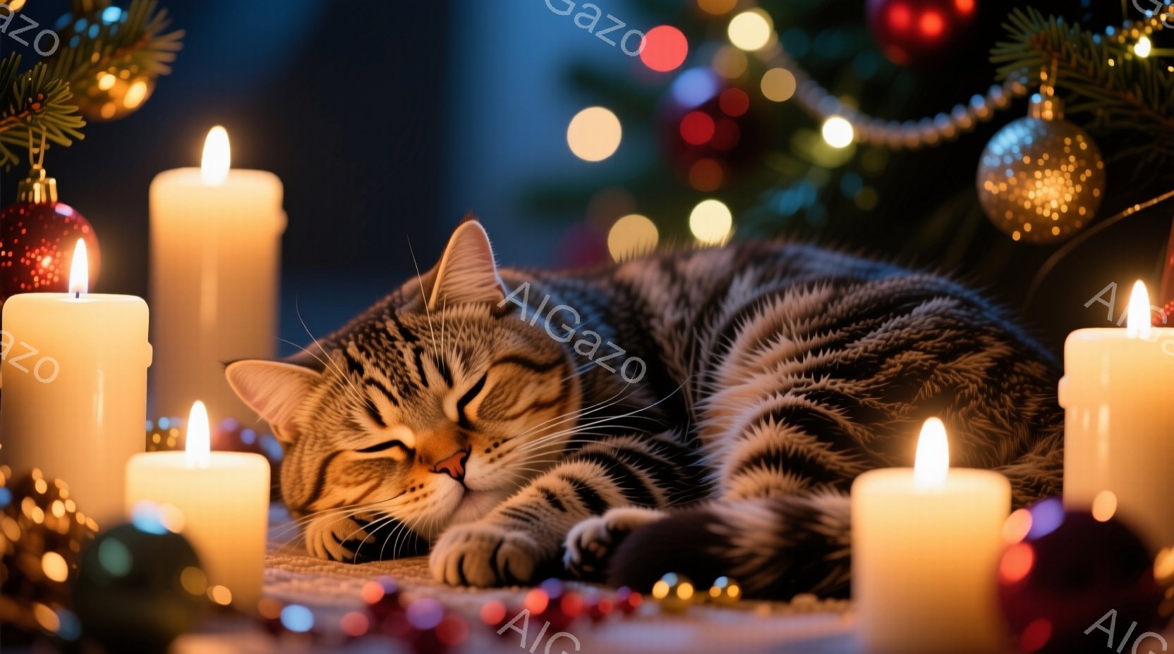 縞模様の猫が、赤い飾りと複数の点灯したキャンドルに囲まれて丸まって眠っています。背景にはぼやけたクリスマスツリーの飾りと光が散りばめられ、暖かく穏やかな雰囲気を醸し出しています。キャンドルの優しい光が - AI生成フリー素材