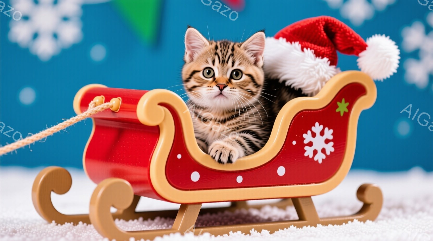 赤いソリに乗った縞模様の子猫が描かれています。子猫は赤いサンタ帽をかぶり、前足をソリの縁につかまって座っており、好奇心と少し戸惑った表情をしています。背景は水色のグラデーションで、白い雪の結晶が散りば - AI生成フリー素材