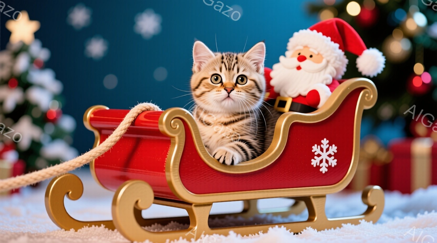白地に赤いそりの中に、縞模様の可愛らしい子猫が座っています。そりには小さなサンタクロースの人形も乗っており、背景にはぼやけたクリスマスツリーと雪が降る様子が見えます。全体的に暖かく、お祝いの雰囲気で、 - AI生成フリー素材