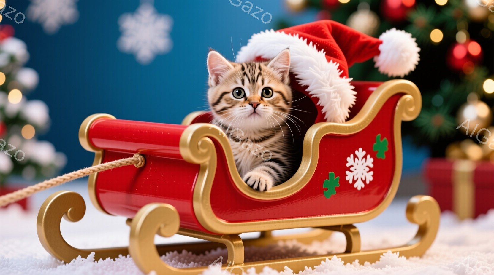 赤いそりに小さな子猫が座っており、サンタクロースの帽子を被っています。子猫は前足をそりの縁にかけ、好奇心と遊び心に満ちた表情でカメラを見つめています。背景にはクリスマスツリーやプレゼントボックスがぼやけており、雪が降る冬の暖かくお祝いの雰囲気を醸し出しています。