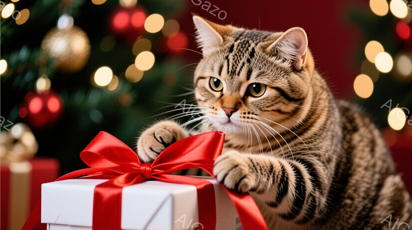 茶色の縞模様の猫が白いリボンで飾られたプレゼントボックスに前足を乗せています。猫は好奇心と遊び心のある表情で、リボンを触ろうとしているようです。背景には、ぼやけた赤いオーナメントとキラキラした光が散り - AI生成フリー素材