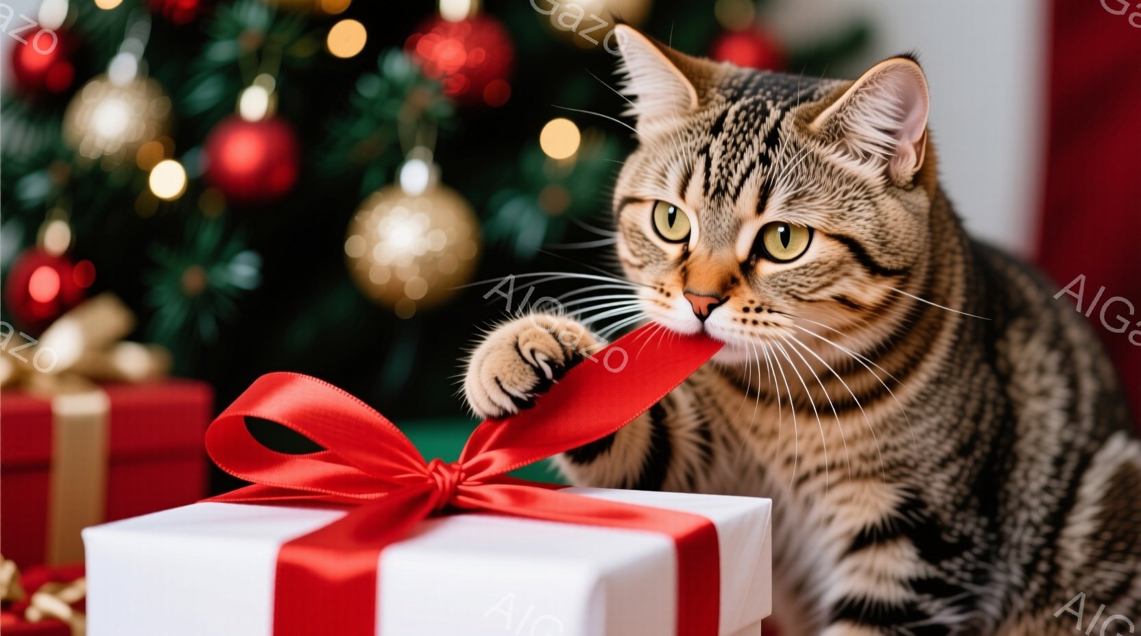 縞模様の猫が、赤いリボンで飾られた白いプレゼントボックスに興味津々で向かっています。猫は片足を伸ばし、リボンを触ろうとしており、その表情は好奇心と遊び心に満ちています。背景には、ぼやけたクリスマスツリ - AI生成フリー素材