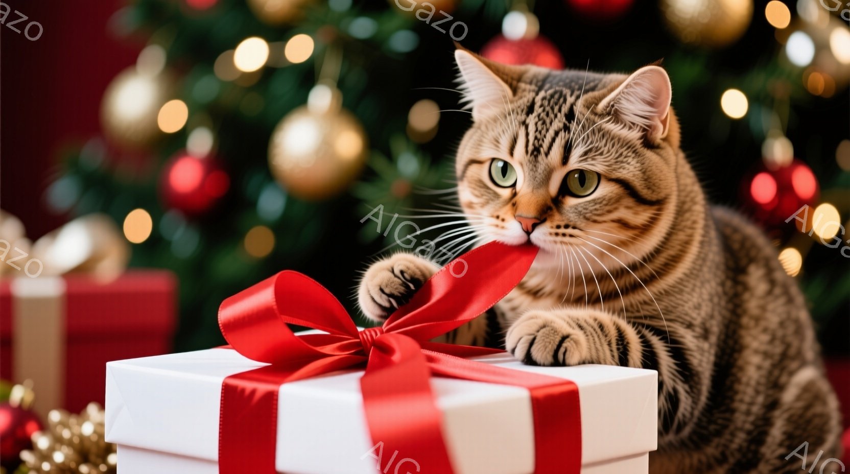 茶色の縞模様の猫が白いギフトボックスの赤いリボンを前足で触っています。背景にはぼやけたクリスマスツリーと輝くオーナメントがあり、暖かくお祝いの雰囲気です。猫は興味津々で、遊び心のある表情をしています。 - AI生成フリー素材