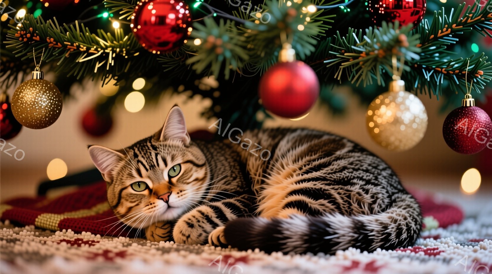 縞模様の猫が赤いニットの上に丸まって横たわっています。背景には、クリスマスの飾り付けがされたクリスマスツリーがあり、ぼんやりとした光が暖かく、居心地の良い雰囲気を醸し出しています。猫の緑色の目はリラッ - AI生成フリー素材