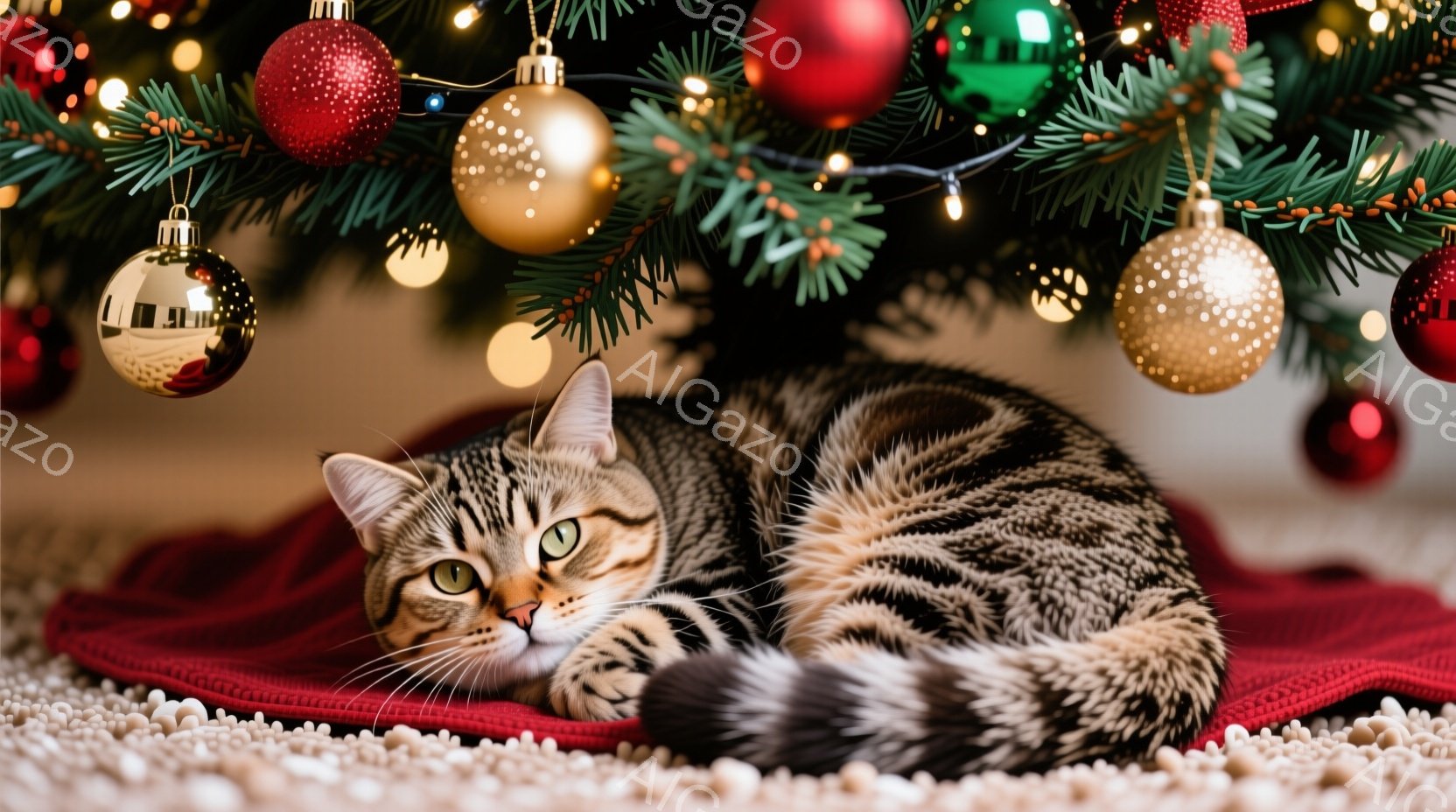 縞模様の猫が赤い毛布の上で丸まって休んでいます。背景にはクリスマスツリーが飾られており、赤や金色のオーナメントが輝き、温かい祝祭の雰囲気を醸し出しています。猫はリラックスした様子で、穏やかで平和な光景です。