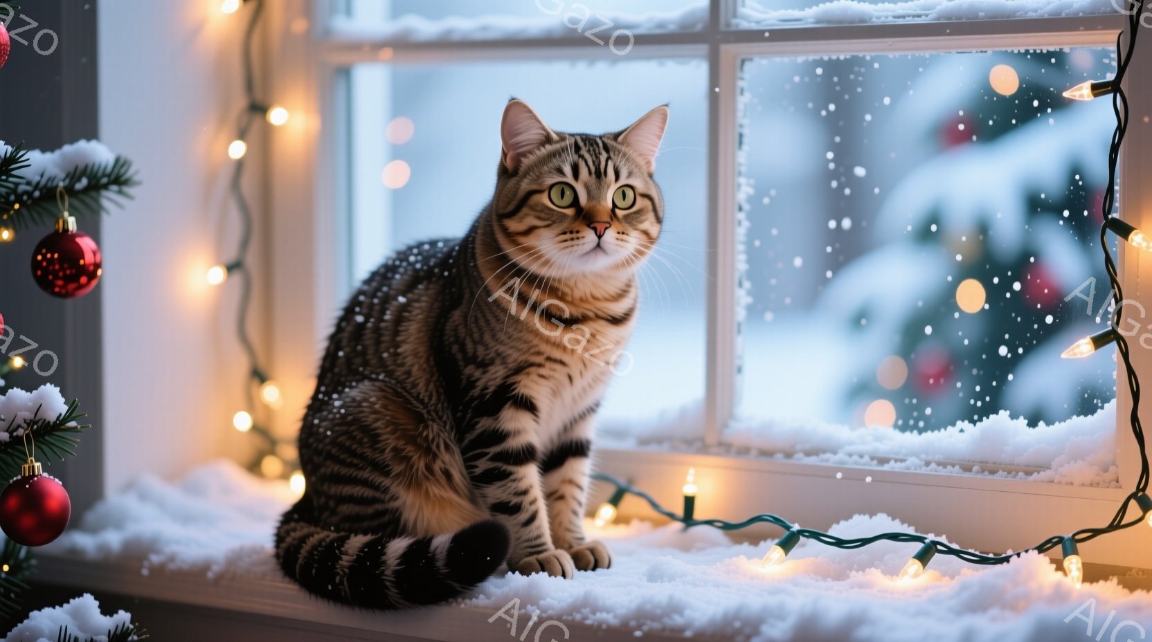 毛並みの美しい茶トラ猫が、クリスマス風のガーランドを首につけて正面を見つめています。猫は穏やかな表情で、少し上を見つめるような姿勢です。背景には、ぼやけたクリスマスツリーの飾りや、温かい色の光が散りばめられており、クリスマスの温かく穏やかな雰囲気を醸し出しています。