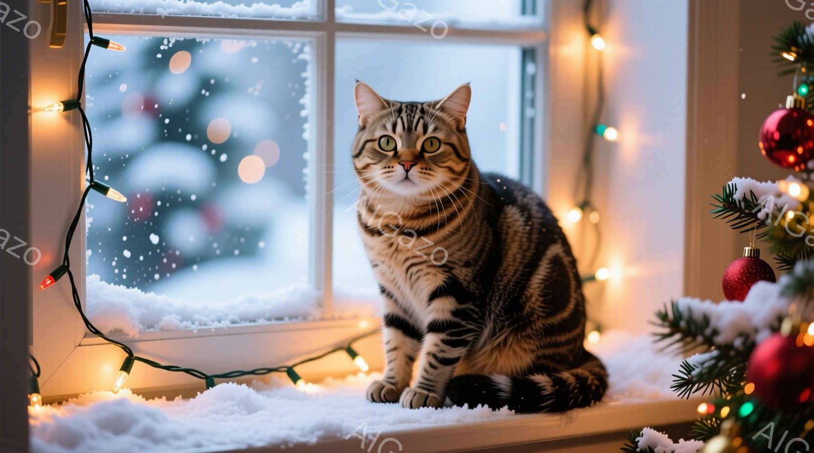 窓辺に座っている縞模様の猫が写っています。外は雪が降っており、窓枠にはオレンジ色のイルミネーションライトが巻き付けられています。クリスマスツリーの一部が写り込み、全体的に暖かく、冬の季節の落ち着いた雰 - AI生成フリー素材