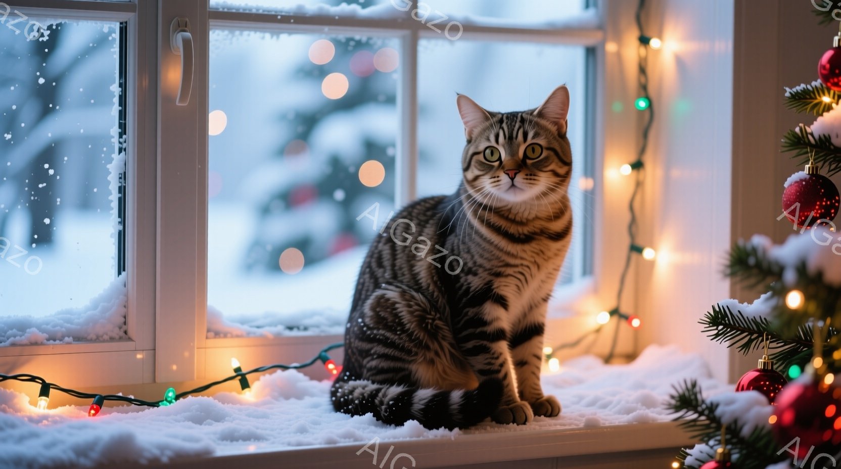 縞模様の猫が窓辺に座り、正面を見ています。背景には雪景色が広がり、窓枠にはカラフルなイルミネーションライトが飾られています。クリスマスの飾りが添えられた暖かく穏やかな雰囲気の冬の情景です。 - AI生成フリー素材