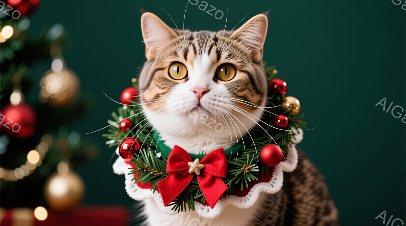 白と茶色のまだら模様の猫が、クリスマス風の緑のリースと赤いリボンを首につけて正面を見つめています。猫の目は金色で、表情は穏やかで落ち着いています。背景には、ぼやけたクリスマスツリーと飾りが見え、全体的 - AI生成フリー素材