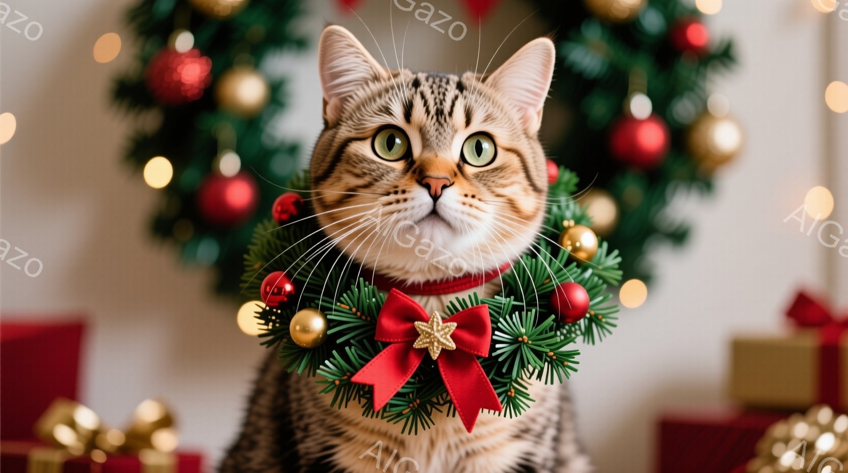 茶色のしま模様の猫が、赤いリボンと金色の星飾り付きのクリスマス風の首輪をつけて正面を見つめています。背景には、赤いオーナメントや金色のボールで飾られたクリスマスツリーと、プレゼントボックスがぼやけて写 - AI生成フリー素材