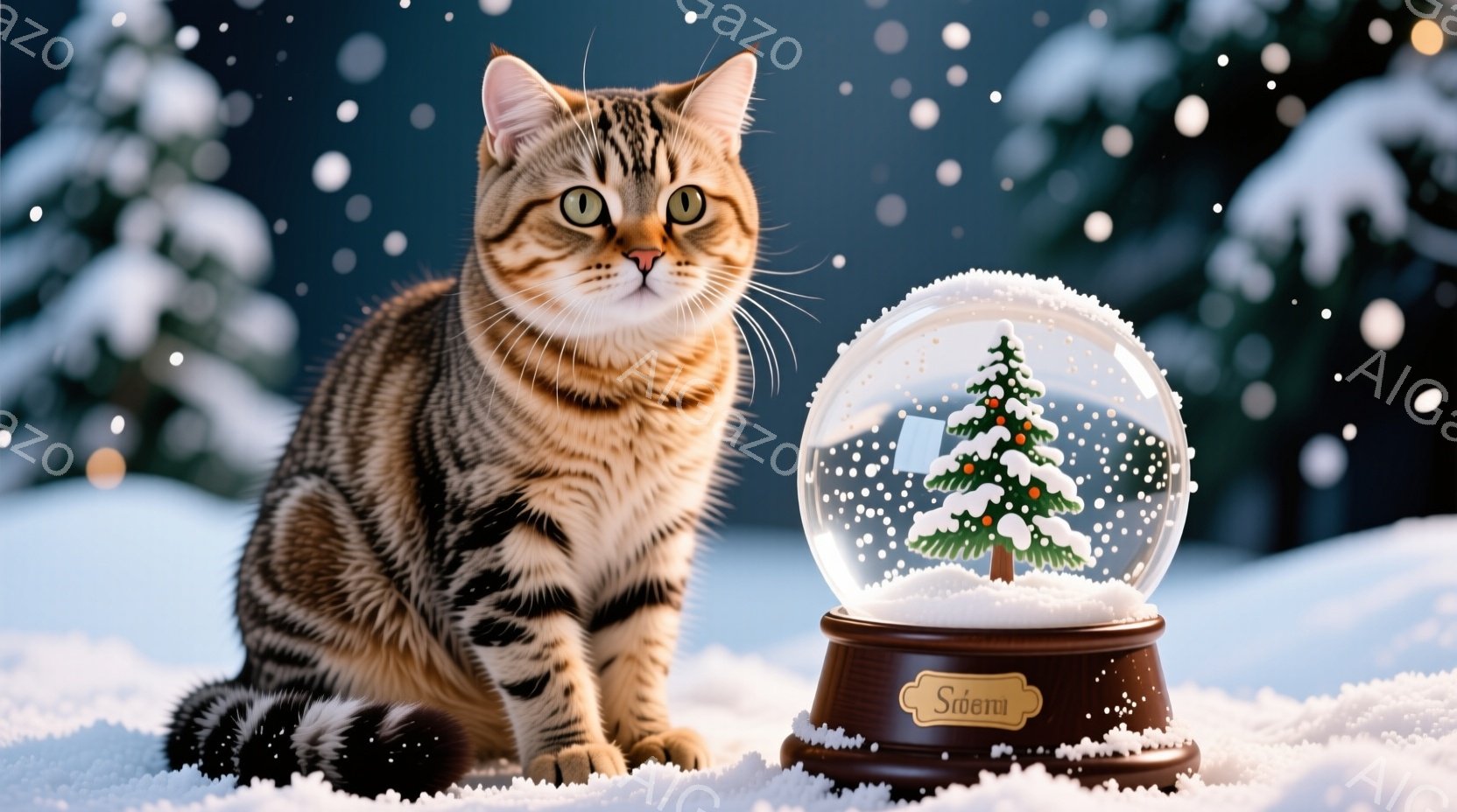 縞模様の茶色の猫が雪の上に座っており、わずかにカメラを見つめている。その隣には、中に小さなクリスマスツリーが入った雪の玉が置かれている。背景は雪に覆われた風景で、ぼやけた緑の木々が見え、全体的に冬の穏 - AI生成フリー素材