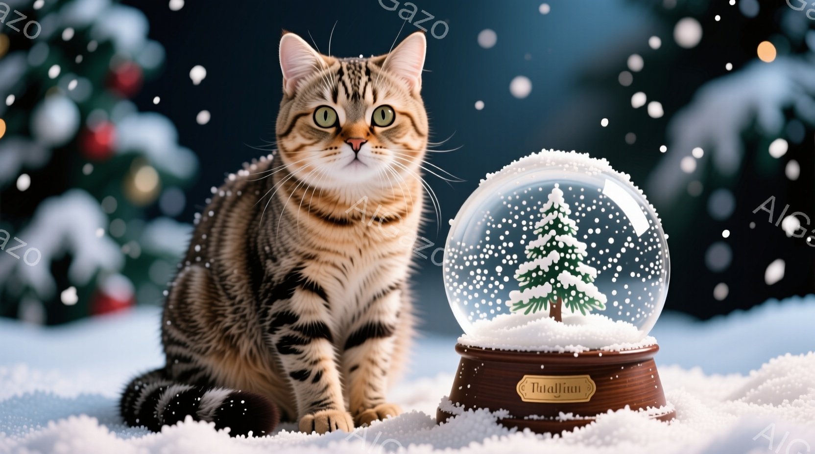 縞模様の猫が雪の上に座っており、リラックスした表情で正面を見つめています。猫の隣には、中に小さなクリスマスツリーが入った雪の玉が置かれており、背景にはぼやけたクリスマスツリーと雪が降る冬の風景が広がっています。全体的に、暖かく、お祝いムードにあふれたクリスマスの雰囲気の画像です。