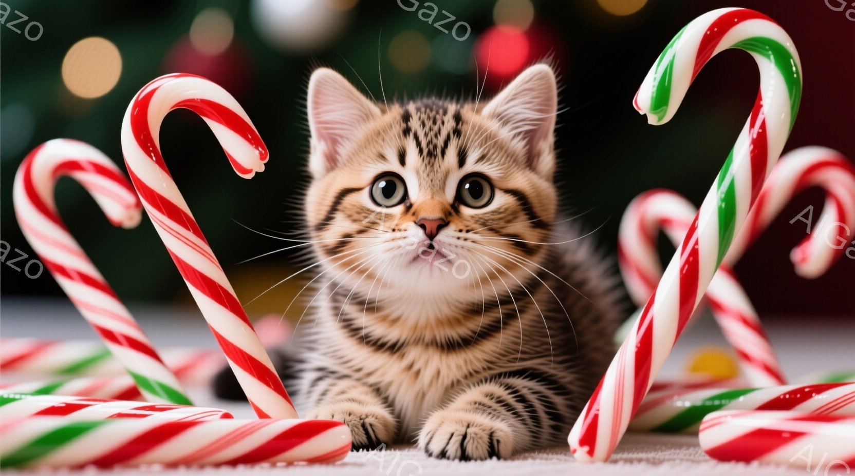 小柄な縞模様の子猫が、赤と白のキャンディケーンに囲まれて床に横たわっています。子猫は大きな緑色の瞳でカメラを見つめ、リラックスした表情をしています。背景にはぼやけたクリスマスツリーと輝くオーナメントが - AI生成フリー素材