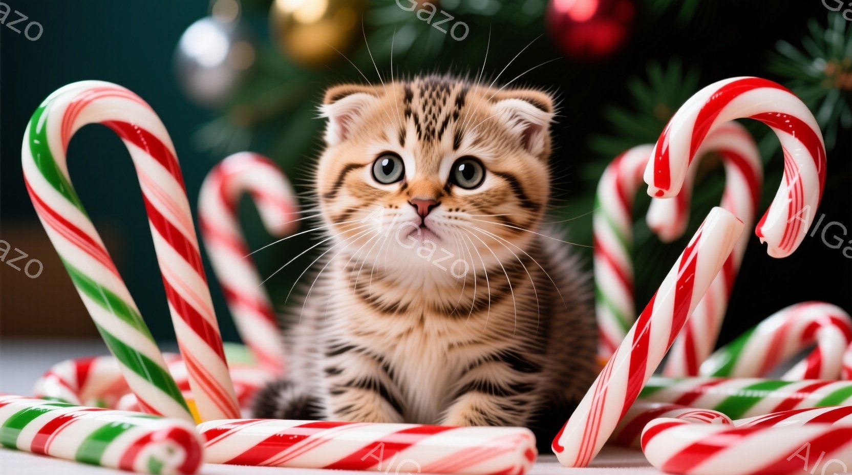 茶色の縞模様の猫が、クリスマス柄のクッションの上に横たわっています。猫はリラックスした表情で、前足を伸ばしてうたたねているようです。背景にはぼやけたクリスマスツリーとオーナメントが見え、暖かく居心地の - AI生成フリー素材