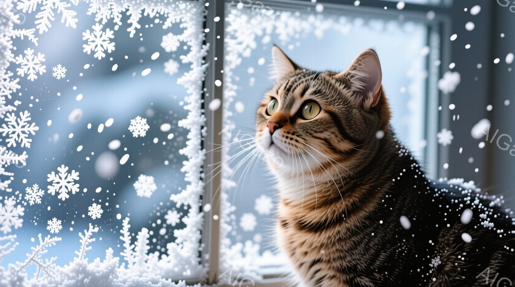 縞模様の猫が窓の外を上を見上げています。雪の結晶が窓ガラスに張り付き、背景はぼやけた冬の風景で、雪が降っている様子が伺えます。猫の表情は穏やかで、雪景色を静かに楽しんでいるような、冬の暖かさと安らぎを - AI生成フリー素材