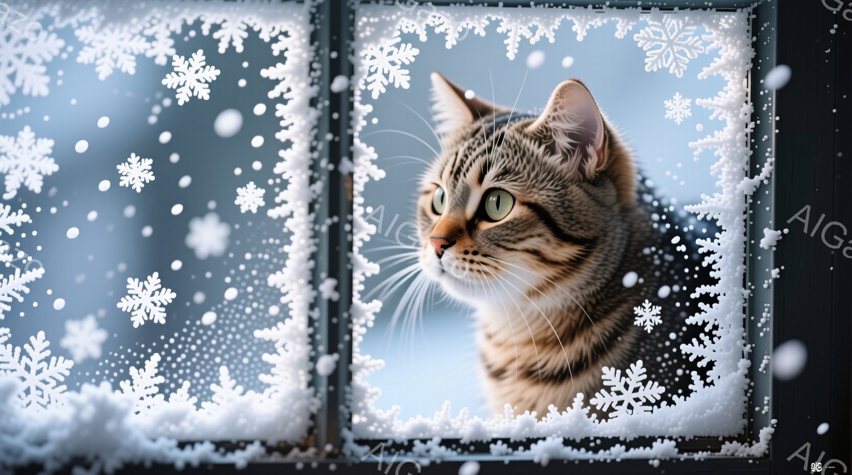 縞模様の猫が雪の降る窓辺に寄りかかっています。猫は右を向き、少し上を見上げており、その表情は穏やかで冬の静けさを感じさせます。背景は雪景色で、窓には繊細な雪の結晶模様が描かれており、全体的に幻想的で穏 - AI生成フリー素材
