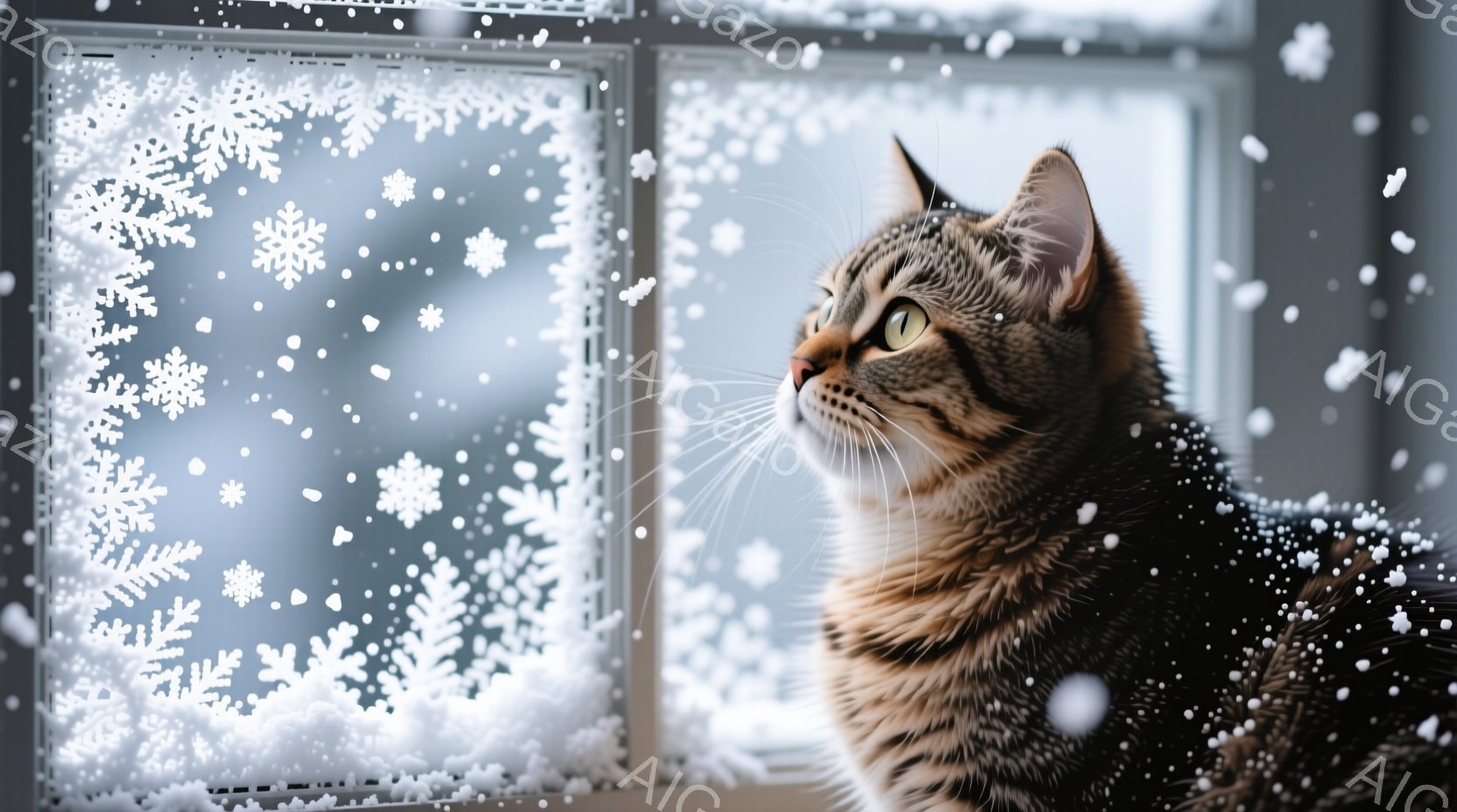 灰色の縞模様の猫が雪が降る窓の外をじっと見つめています。猫は柔らかい毛並みで、目は緑色で、集中した表情をしています。背景は雪景色で、窓には雪の結晶が描かれており、穏やかで冬の雰囲気が漂っています。 - AI生成フリー素材