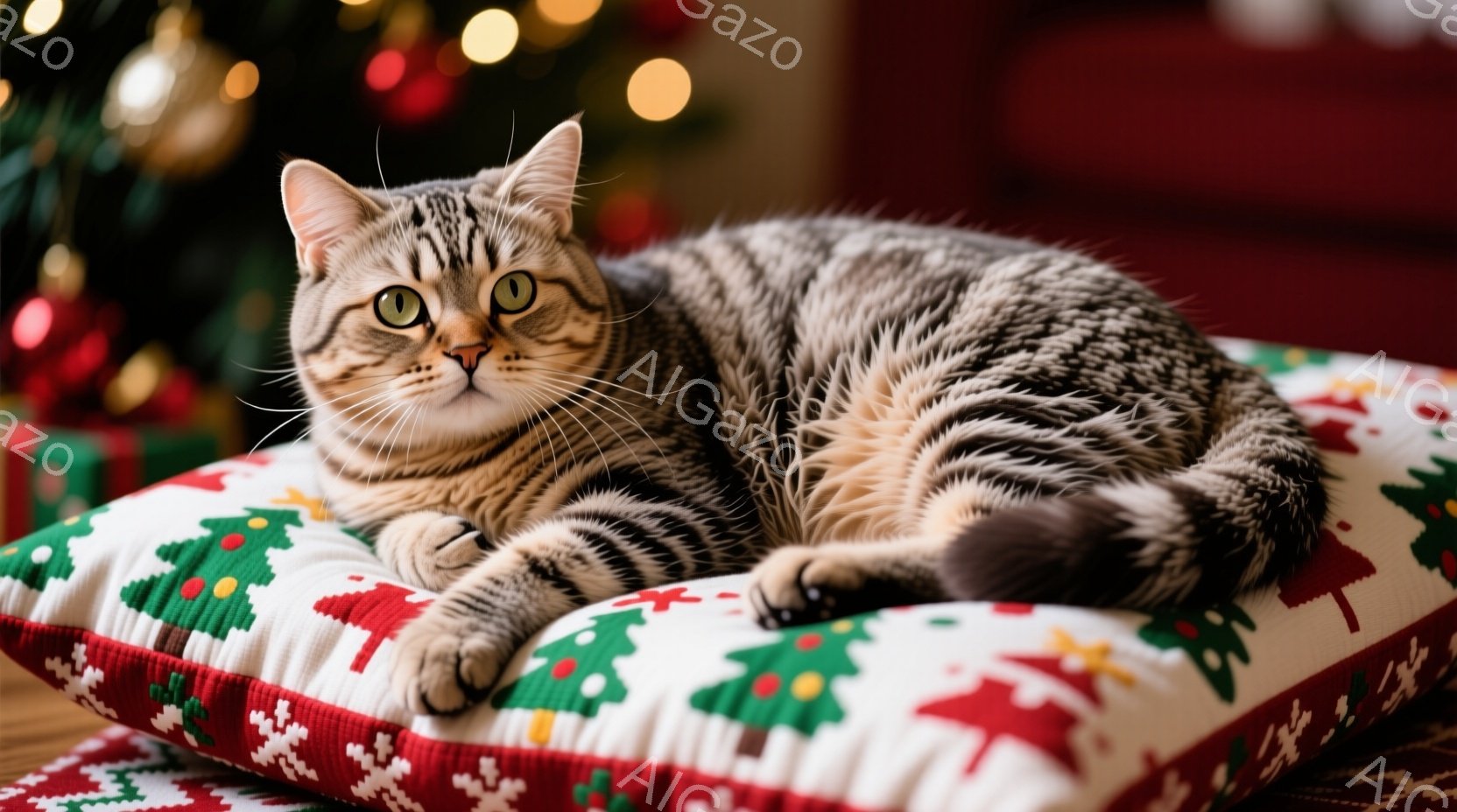 縞模様の猫が、クリスマス柄のクッションの上に横たわっています。猫はリラックスした様子で、正面を見て少し眠たげな表情をしています。背景にはクリスマスツリーのぼやけた光が見え、温かく穏やかな雰囲気を醸し出 - AI生成フリー素材