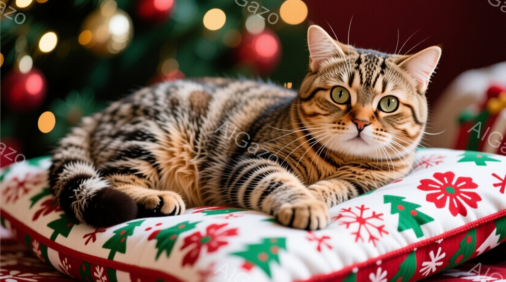 明るい背景に、縞模様の猫が赤いクリスマス柄のクッションの上で横たわっています。猫はリラックスした表情で、前足を揃えて体を伸ばしています。背景にはぼやけたクリスマスツリーの光が散りばめられ、温かく穏やか - AI生成フリー素材