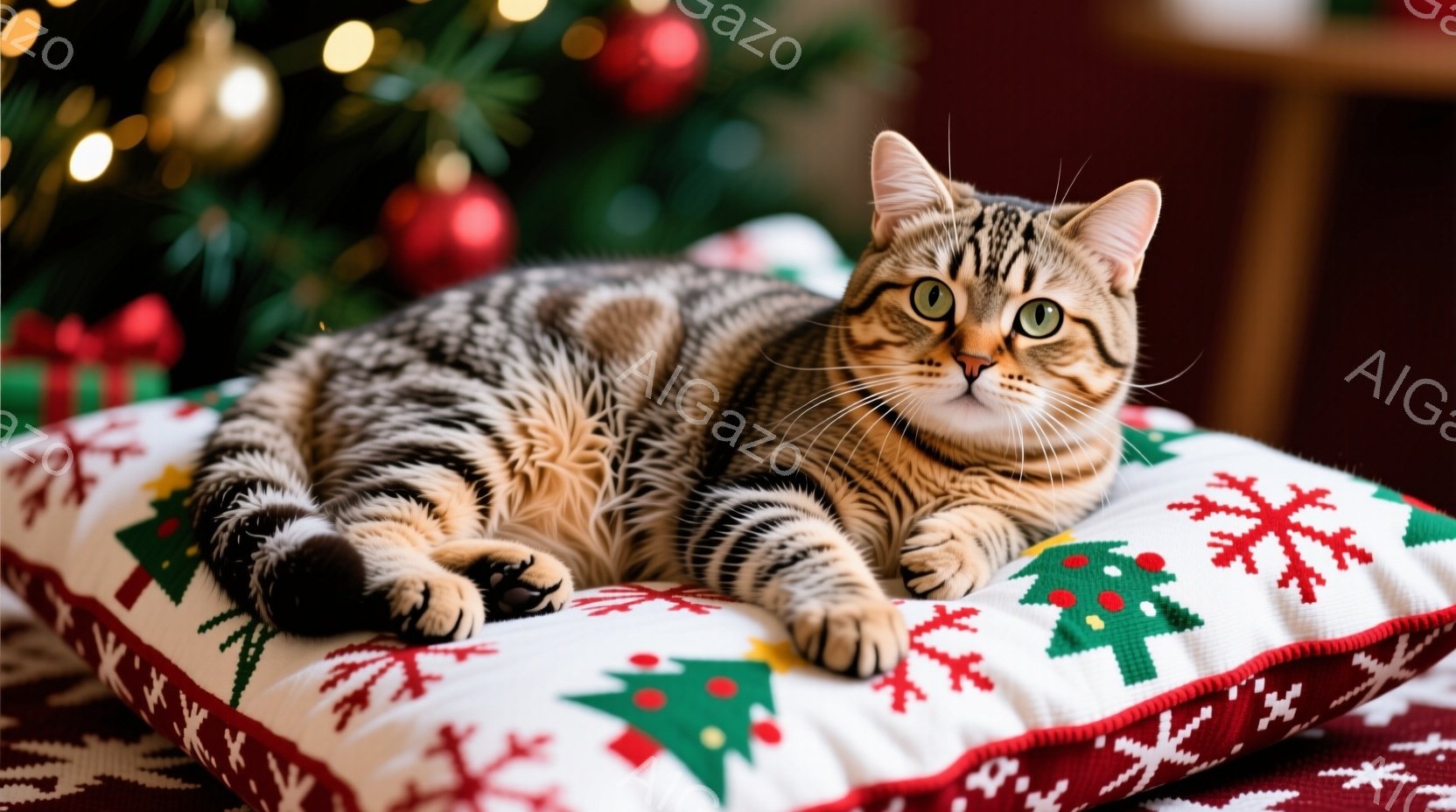 明るい背景に、虎柄の猫がクリスマス柄のクッションに横たわっています。猫はリラックスした表情で、片足を少し前に伸ばし、穏やかな視線をこちらに向けています。背景には、ぼやけたクリスマスツリーの飾りが見え、 - AI生成フリー素材