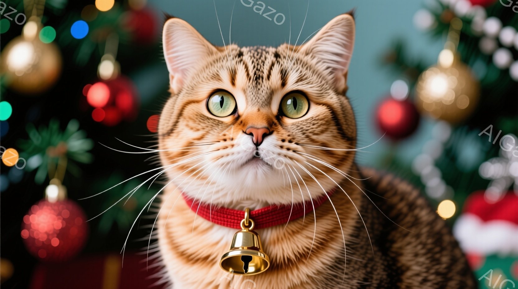 暖色系の毛並みを持つ猫が、カメラの正面を見つめている。赤い首輪と金色の鈴をつけており、表情は穏やかで、どこか自信に満ちている。背景には、ぼやけたクリスマスツリーの飾りと緑の葉が見え、暖かく、お祝いの雰 - AI生成フリー素材
