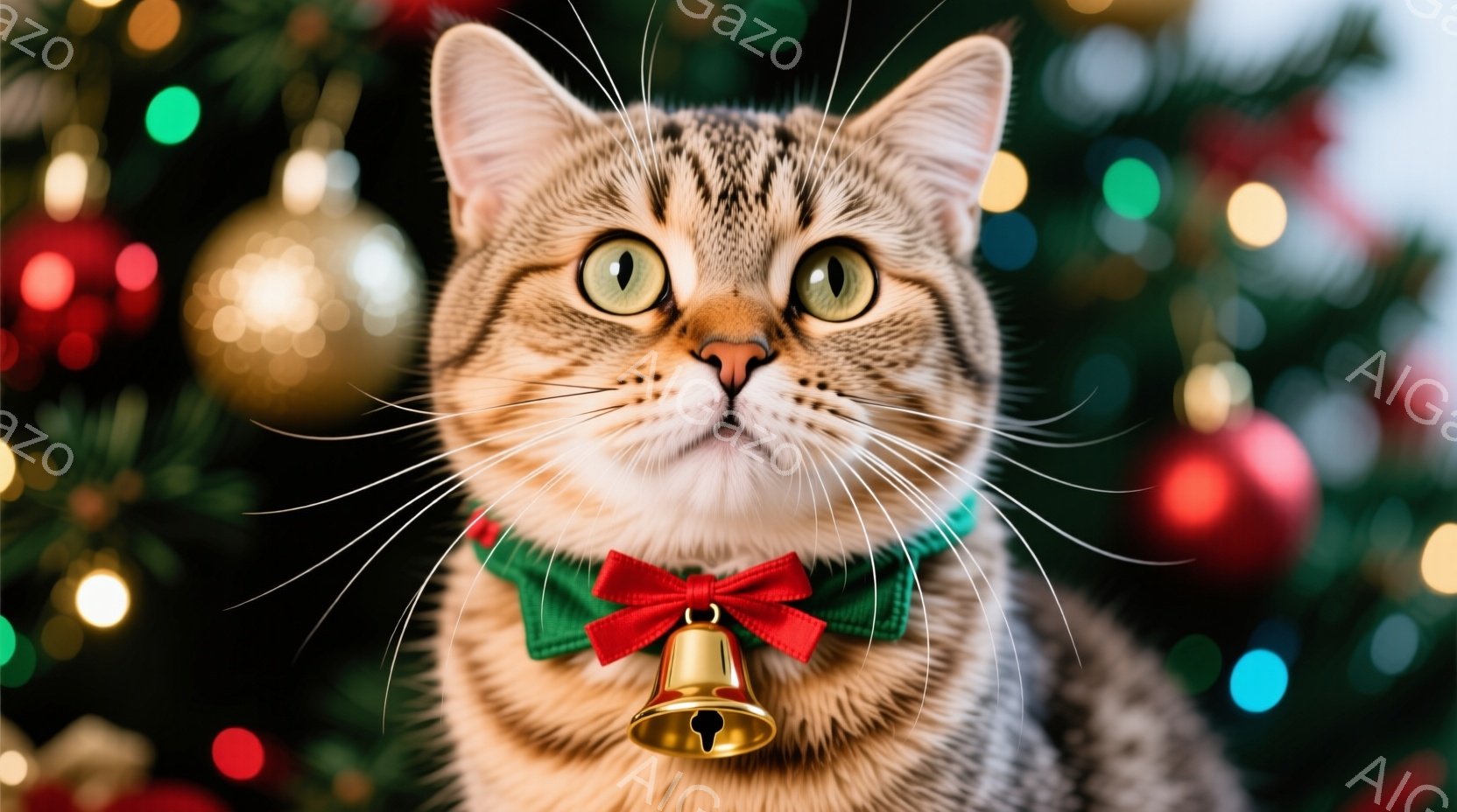 茶色のトラ猫が、緑色のリボンと金色のベルが付いた首輪を身に着けて、カメラの正面を見つめている。猫は穏やかな表情で、毛並みはきれいに整えられている。背景にはぼやけたクリスマスツリーの飾りと光が散りばめら - AI生成フリー素材